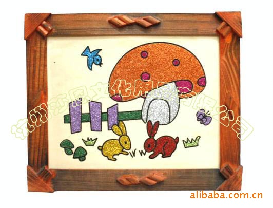 【8寸木板画相框彩泥画批发 植绒图案 实木相