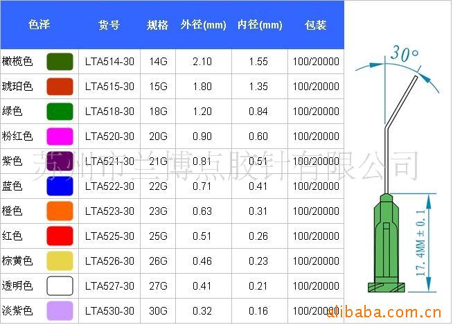 longtech 30°不锈钢弯角点胶针头1.规格:14g~26g2.