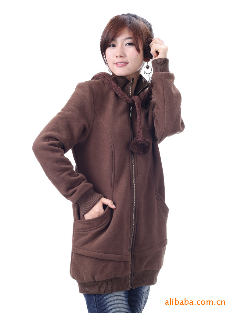 韩版个性冬季女装 红色连帽外套 拉链开衫长款