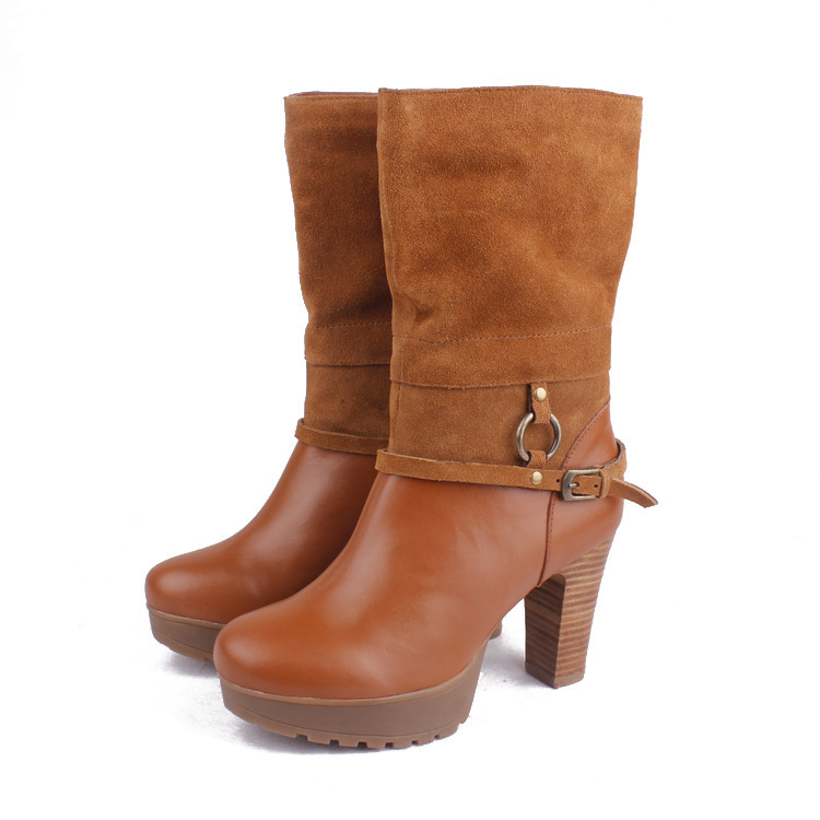 【2011秋款天美意真皮女靴牛皮时尚粗高跟中