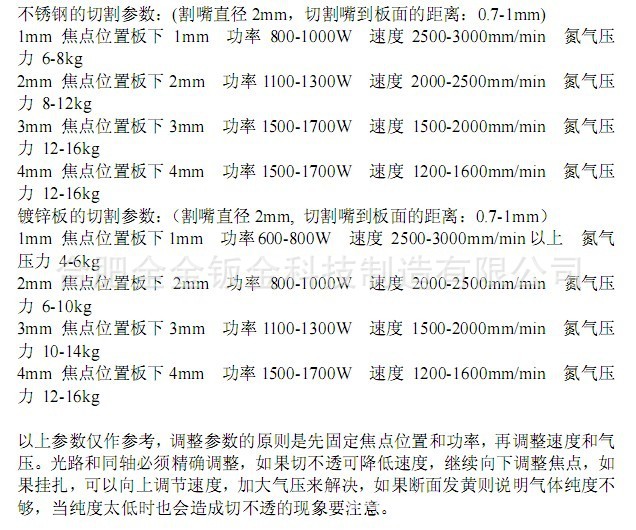 不锈钢板,镀锌板激光切割参数