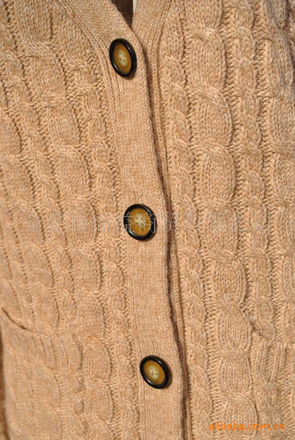 棒针 羊毛混纺编织麻花图案V领中长款 毛衣 针