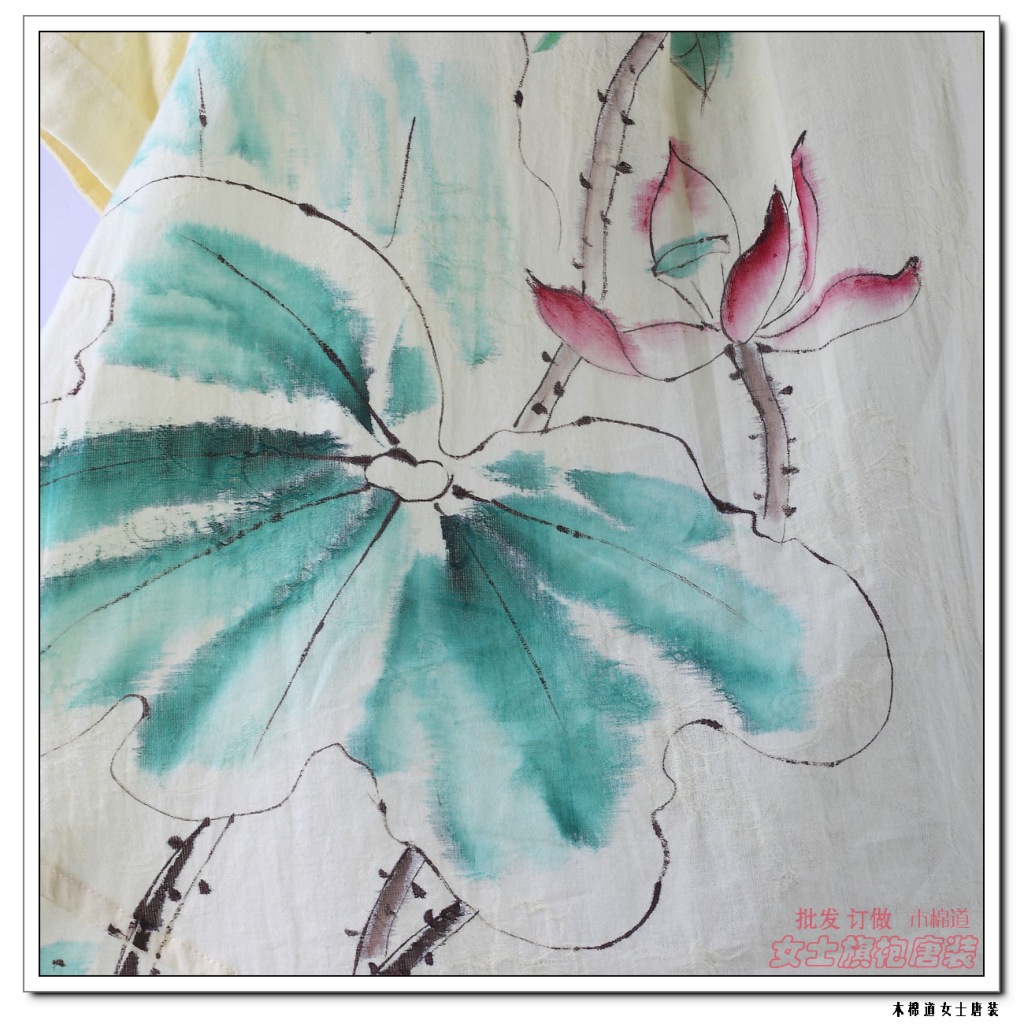 011新款改良式立领短袖手绘荷花 木棉道女式旗