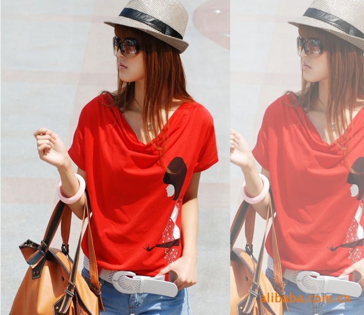 <em>2011春装新款女装</em>韩版细节红色烫钻荡领短袖