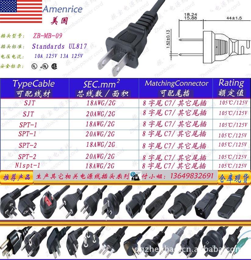 如有需要客户请咨询在线客服有关各个种类的 电源线以及插头的详细