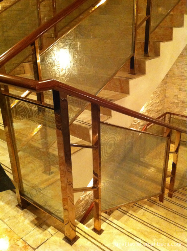 不锈钢电镀玫瑰金 艺术玻璃 铁犁木楼梯扶手,高贵,经典的选择!