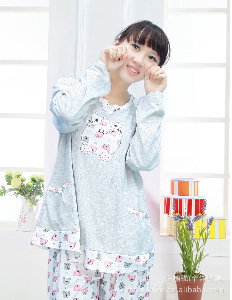 <em>怜爱贝儿</em>灰色卡通<em>孕妇睡衣</em>哺乳衣 月子服套装