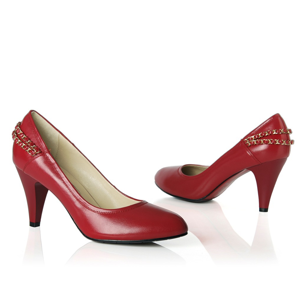 新品高跟鞋圆头婚鞋红底高跟金属链真皮红色新