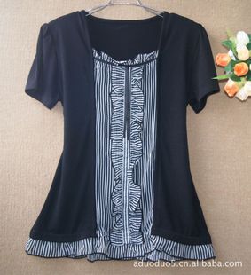 季末特供2011款外贸原单欧码撞色接拼T/雪纺横条莫代尔纯棉T女