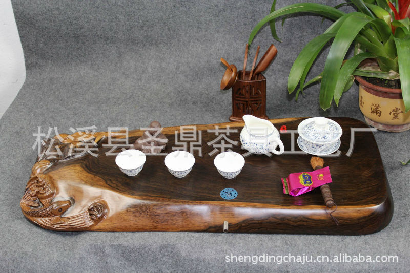 发 功夫茶具茶盘 实木茶盘 圣鼎黑檀木荷花鱼款