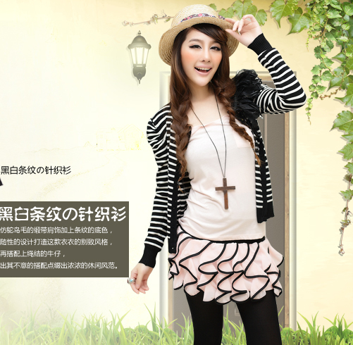 装新款女装 韩版圆领长袖OL泡泡袖<em>黑白条纹针</em>