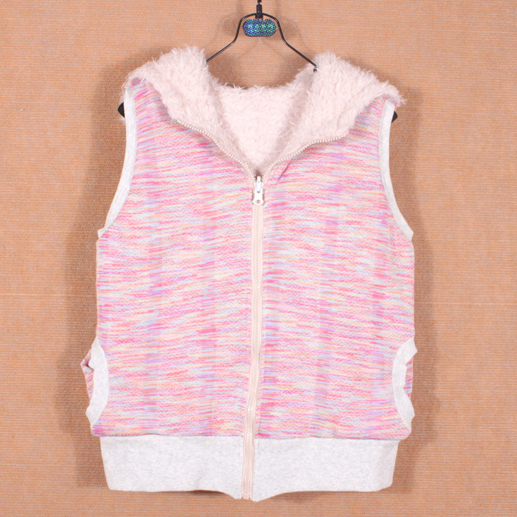 【批发女装 新款彩条<em>戴帽</em>两面服长毛<em>女款马甲</em>