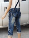 Z056夏季新品吊带牛仔中裤 直筒翻边韩版女式七分背带裤批发