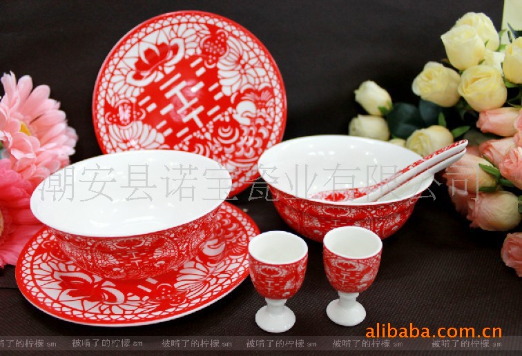 【诺宝婚庆】批发8头红双喜夫妻对碗餐具 贵妃瓷婚庆礼品