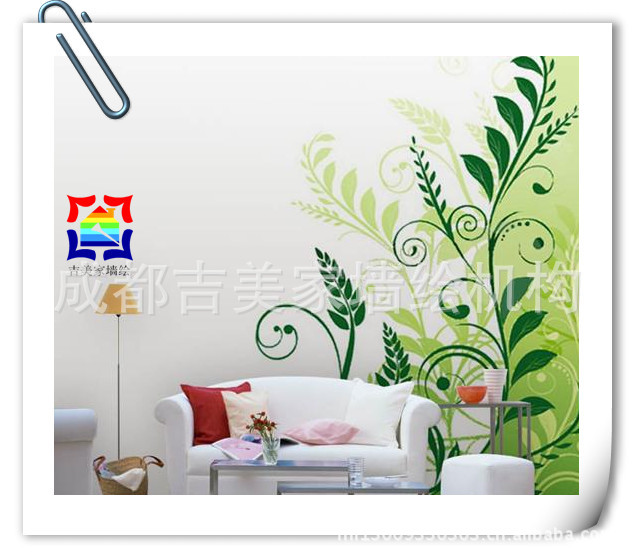 成都吉美家装饰墙绘单色卷草藤蔓沙发背景装饰墙绘