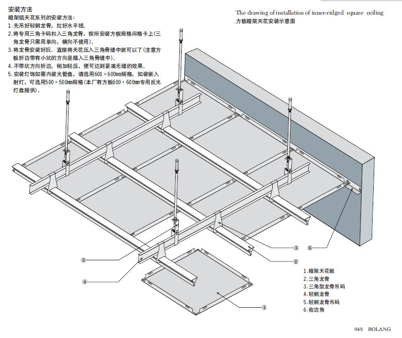 装饰面由方型块状,采用纯铝或铝合金制造.龙骨系统