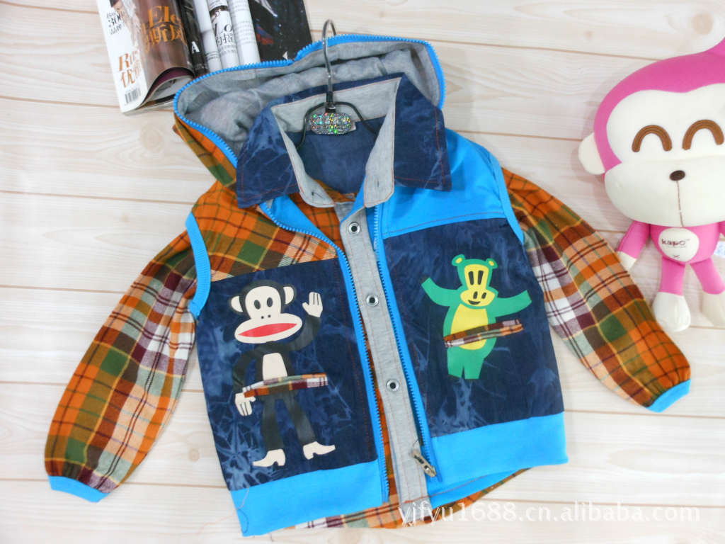 厂价直销 秋季新款 卡通男童<em>马甲两件套</em> 格子衬