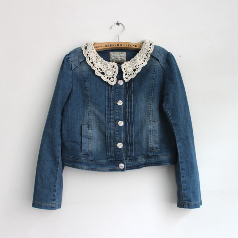 【春秋款棉蕾丝钉珠领<em>牛仔短</em>外套拉链<em>开衫</em>】价