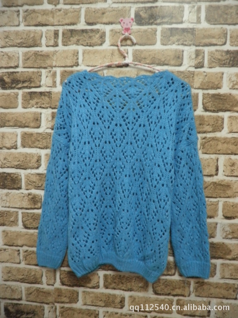 春款韩版镂空钩花<em>圆领</em>亮丝<em>彩线</em>混纺<em>毛衣</em>女 宽