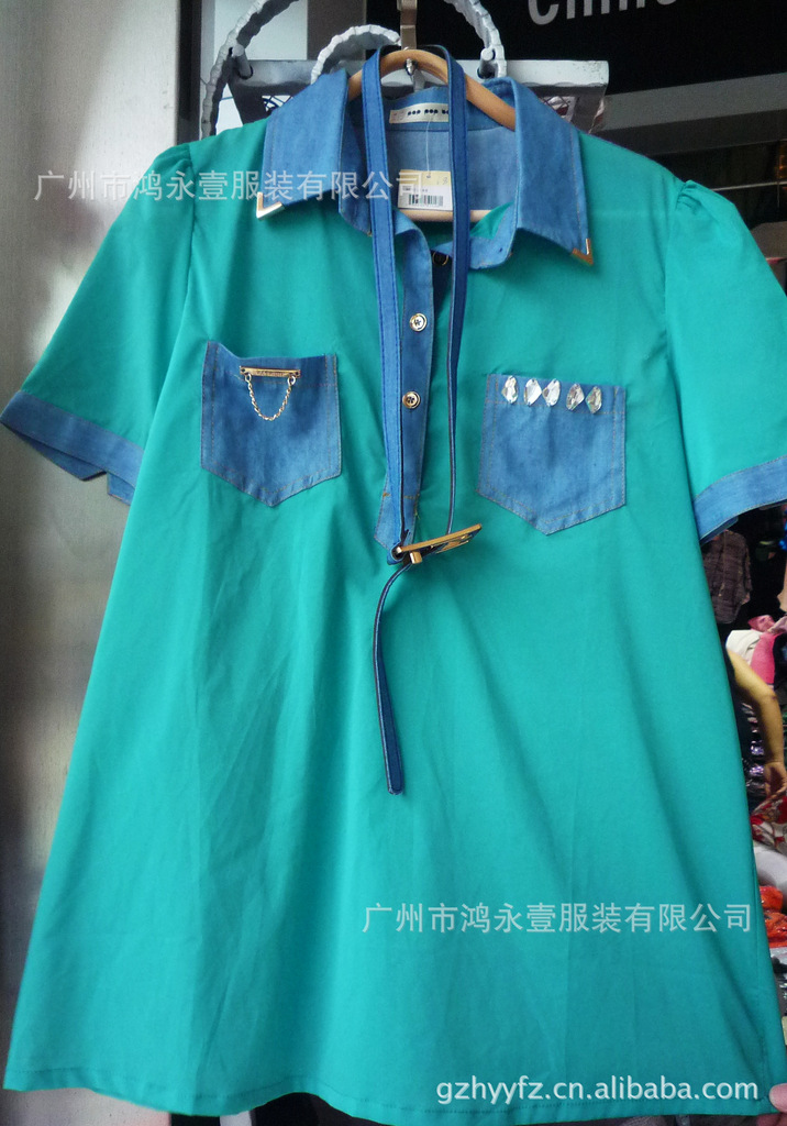 2012夏季新款 牛仔拼<em>雪纺</em> 中长款<em>女雪纺</em>衫<em>上衣</em>