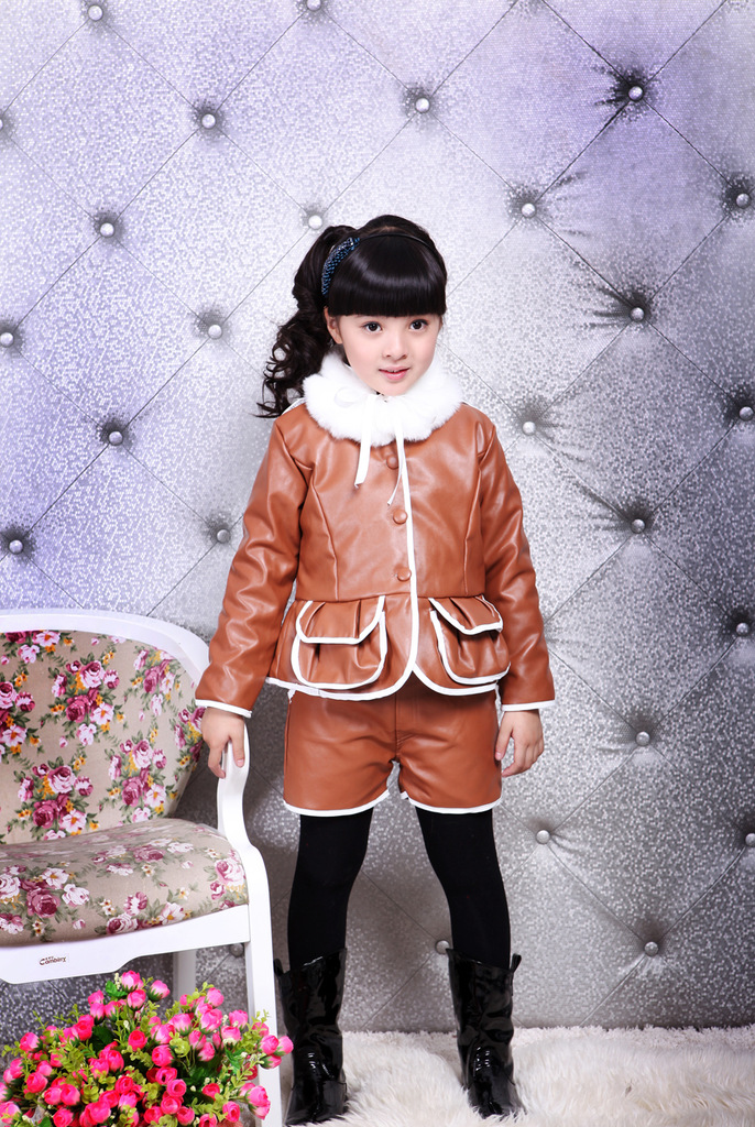 <em>女童</em>套装大额批发<em>女童皮衣</em>外套+皮短裤两件套
