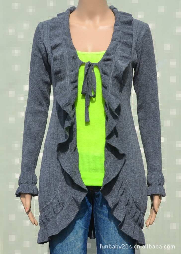 2012最新秋装 <em>羊绒</em>荷叶边长身<em>开衫</em>长袖<em>针织</em>衫