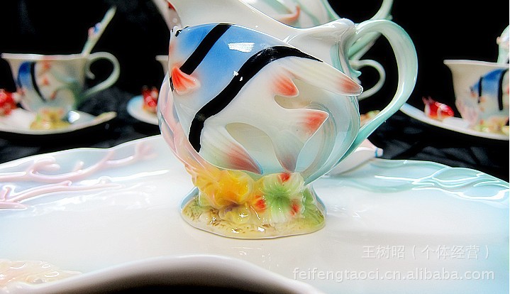 【珐琅瓷咖啡具16头御彩海底世界咖啡套装 咖