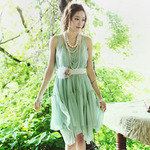 2012夏季新款 纯色圆领碎褶甜美立体花腰带大摆仙女 背心裙*3974