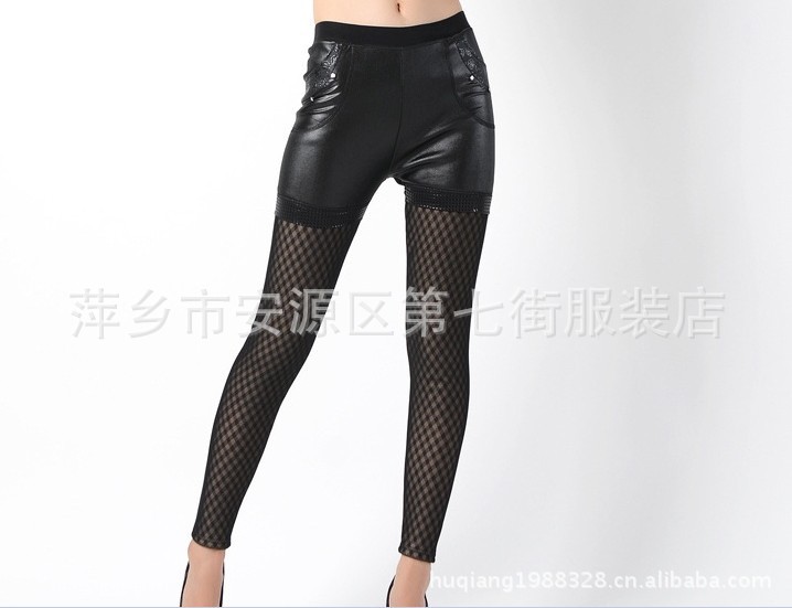 批发采购打底裤-加厚<em>假两件皮短裤</em>仿皮拼接打