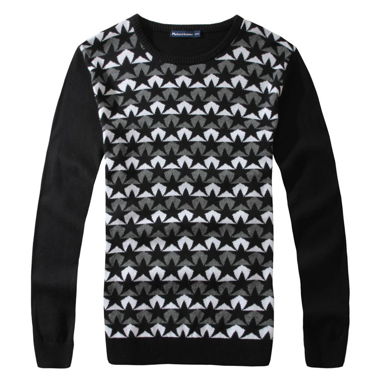 新款拼接五角星花纹<em>男士</em>毛衣圆领<em>鸡心领毛衣</em>淘