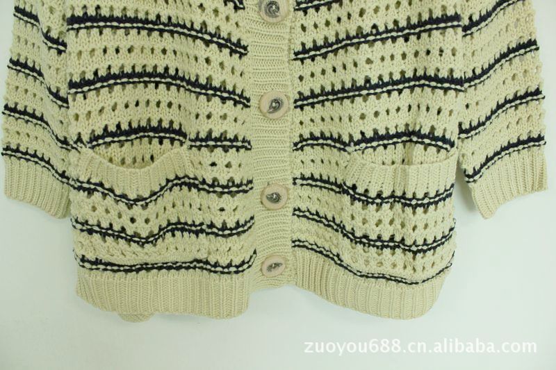批发采购女式<em>毛衣</em>-6680 <em>编织</em>条纹<em>缕空毛衣开衫</em>