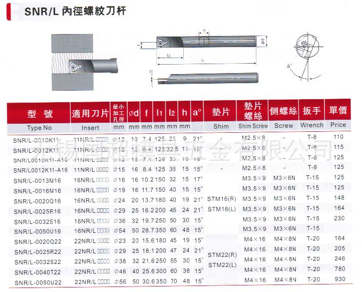 台湾进口数控刀具SNR/L内径螺纹刀杆