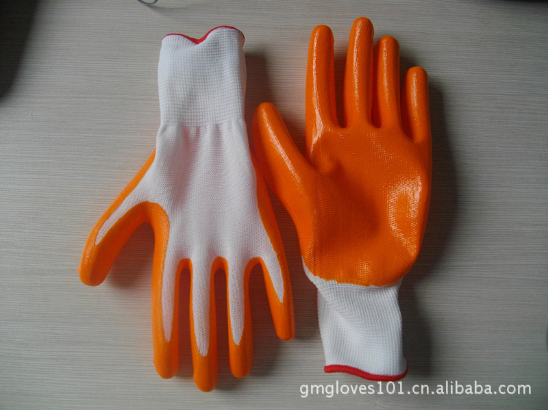 【标准欧码 白纱橙丁腈手套 劳保手套 厂家直供