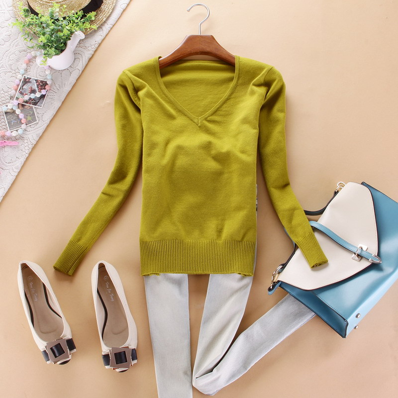 批发供应女装百搭丝光棉V领低领长袖针织打底