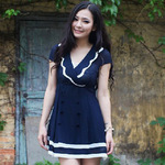 2012夏季新款 小清新海军风扇形翻领甜美修身公主 连衣裙*3938