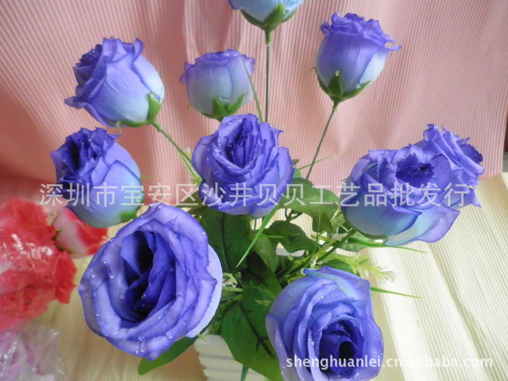 【大量供应仿真花、塑胶花、10头水珠玫瑰花