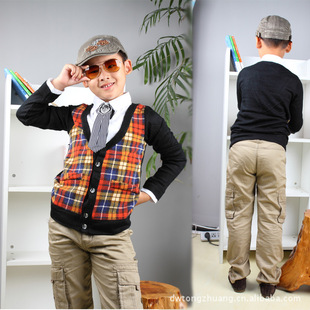 儿童<em>衬衫男童</em>长袖格子<em>衬衣</em>童装<em>开衫</em>假两件套 