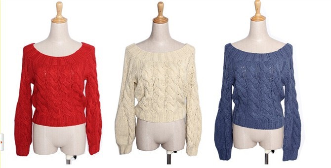 【<em>手织</em>立体<em>麻花毛衣</em>露肩一字领斜肩红色经典重