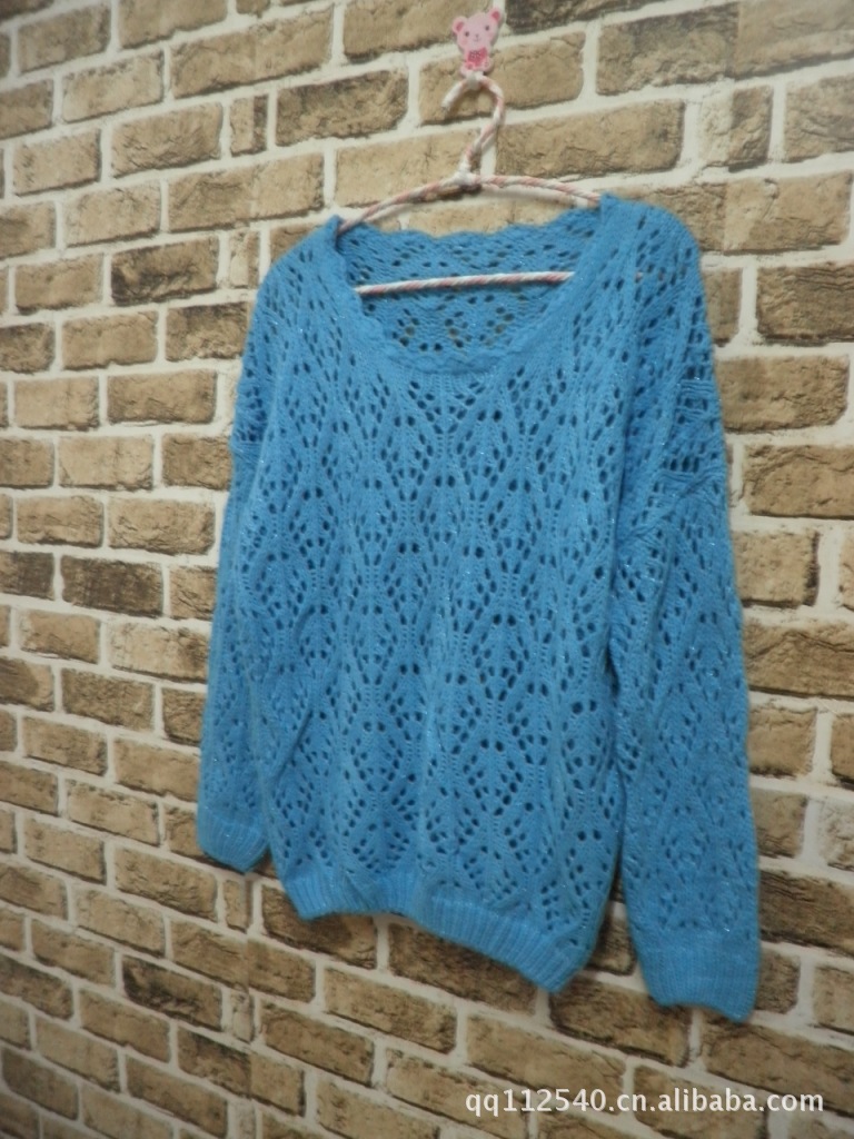 春款韩版镂空钩花<em>圆领</em>亮丝<em>彩线</em>混纺<em>毛衣</em>女 宽