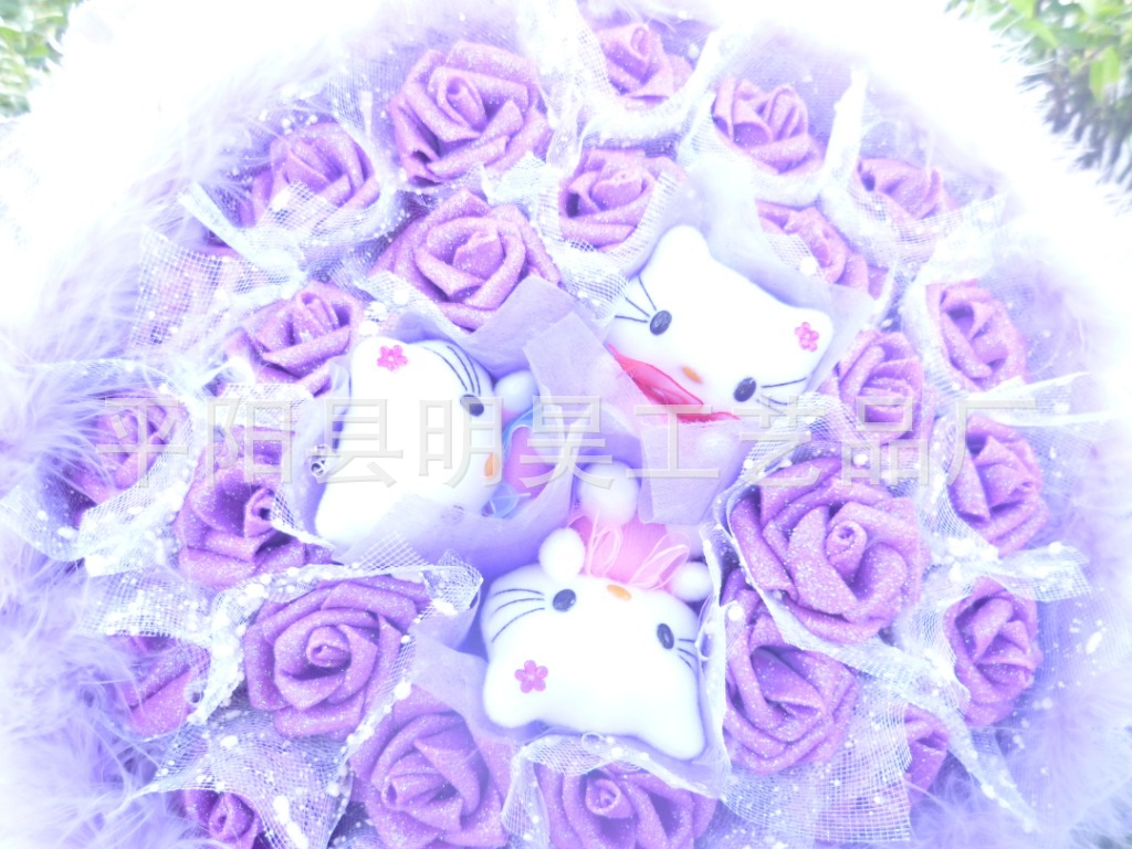 【3只精致凯啼猫+27朵紫色玫瑰卡通花束 个性