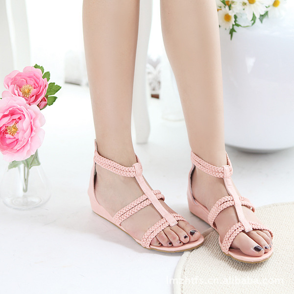韩版可爱田园风小坡跟女士凉鞋麻花辫造型甜美
