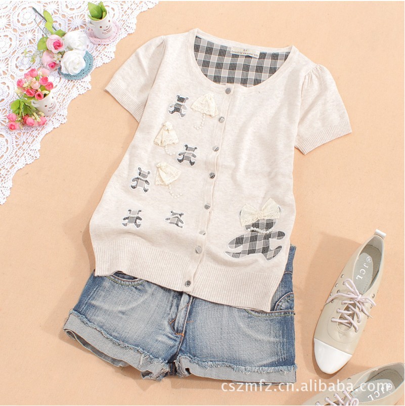 外贸原单小熊图案纯棉<em>短袖针织</em>衫 <em>圆领开衫</em> 针