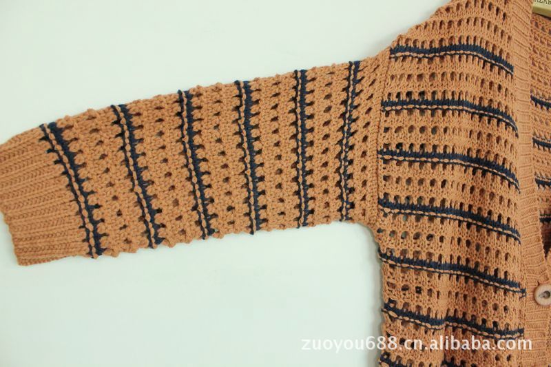 批发采购女式<em>毛衣</em>-6680 <em>编织</em>条纹<em>缕空毛衣开衫</em>