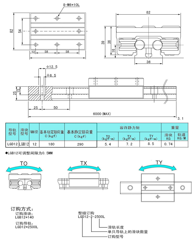 外夹式双轴心直线导轨lgd12 长度任意