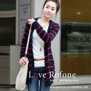 批发采购<em>女式</em>毛衣-2012韩版休闲 条纹 <em>长开衫</em>