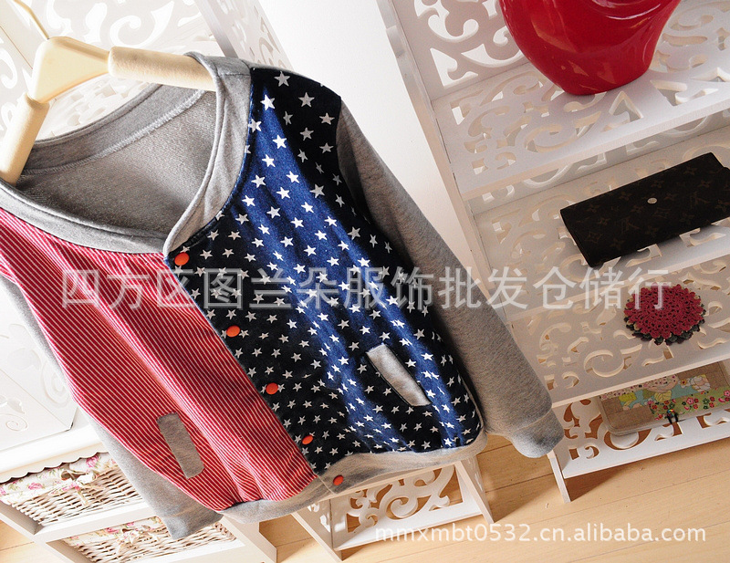 日系水洗五星<em>竖条纹牛仔拼接</em>撞色开衫<em>外套</em>棒球