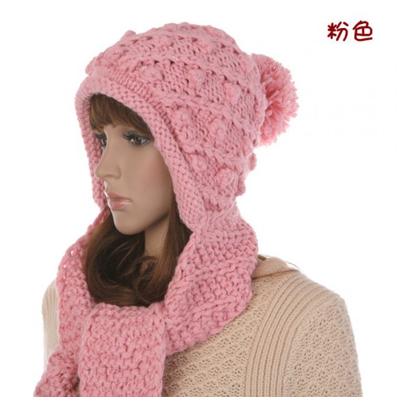 韩版最新秋冬女士针织帽 球球毛线帽 帽子连围