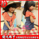 2012夏款 韩版时尚水洗牛仔圆点雪纺领子连衣裙 女童童裙