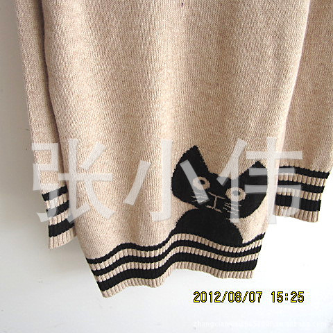 韩都衣舍原单 羊兔毛混纺中长款猫咪毛衣 纯毛