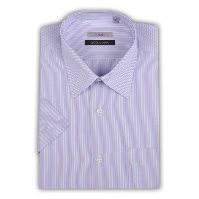 AOKEN专柜正品色织定染纯棉高支纱精梳棉超舒适蓝紫条男半袖衬衫